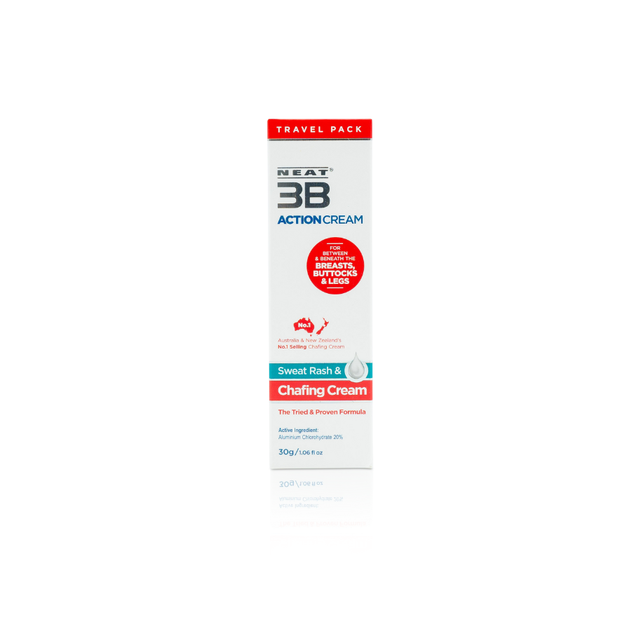 Neat 3B Action Cream 30g travel pack box with a white, red, and duck egg blue design, ideal for preventing sweat and chafing on the go.