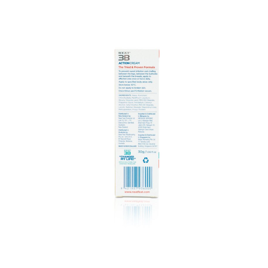 Back of the Neat 3B Action Cream 75g box with a white background, duck egg blue and red text, featuring usage instructions, ingredients, manufacturer details, and a barcode.
