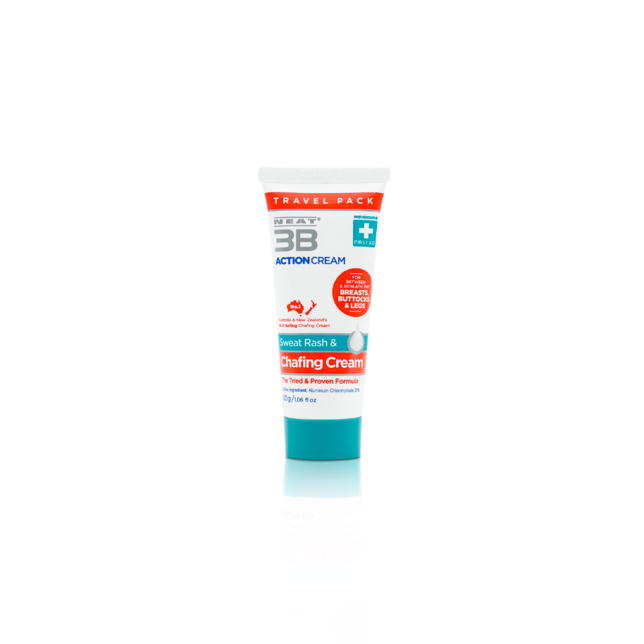 Neat 3B Action Cream 75g tube with a white, red, and duck egg blue design, formulated to prevent sweat and chafing.