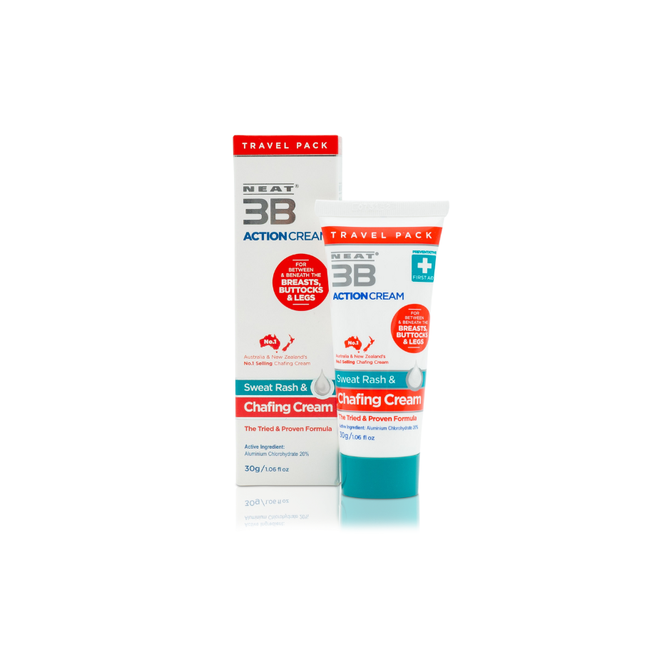 Neat 3B Action Cream 75g box and tube, both featuring a white, red, and duck egg blue design, formulated to prevent sweat and chafing.