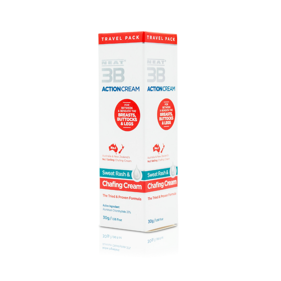Neat 3B Action Cream 30g travel pack box with a white, red, and duck egg blue design, ideal for preventing sweat and chafing on the go.