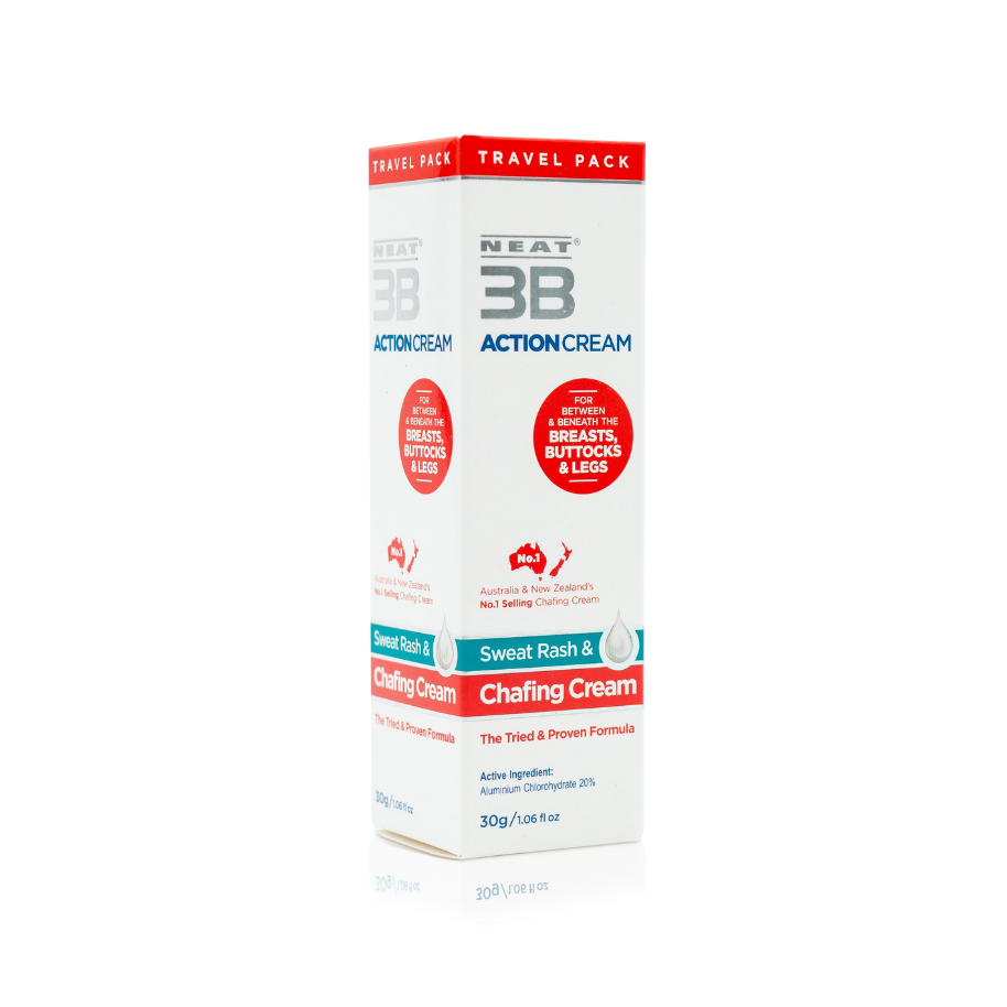 Neat 3B Action Cream 30g travel pack box with a white, red, and duck egg blue design, ideal for preventing sweat and chafing on the go.
