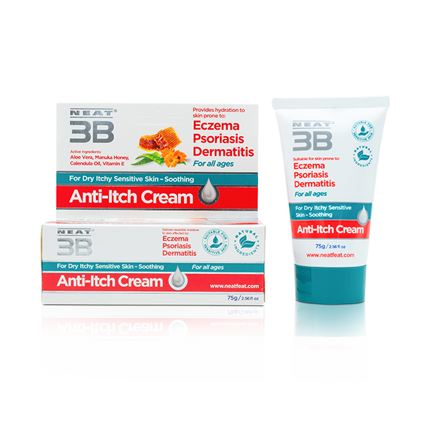 Neat 3B Anti-Itch Cream for Eczema, Psoriasis, and Dermatitis, suitable for all ages. The box and tube feature a clean, simple design with clear product information, highlighting its soothing properties for irritated skin.