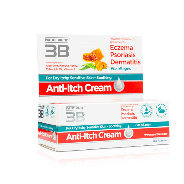 Box of Neat 3B Anti-Itch Cream for Eczema, Psoriasis, and Dermatitis, suitable for all ages. The design includes clear product information and highlights its soothing and relief properties for irritated skin.