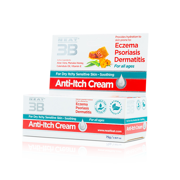 Box of Neat 3B Anti-Itch Cream for Eczema, Psoriasis, and Dermatitis, suitable for all ages. The design includes clear product information and highlights its soothing and relief properties for irritated skin.