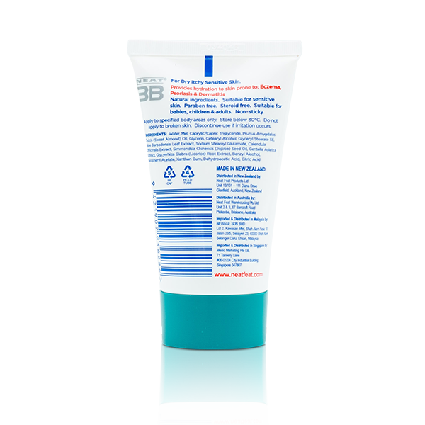 Back of the white tube of Neat 3B Anti-Itch Cream, featuring a duck blue coloured lid. The design includes usage instructions, safety information, and product details, all in a clear, easy-to-read layout