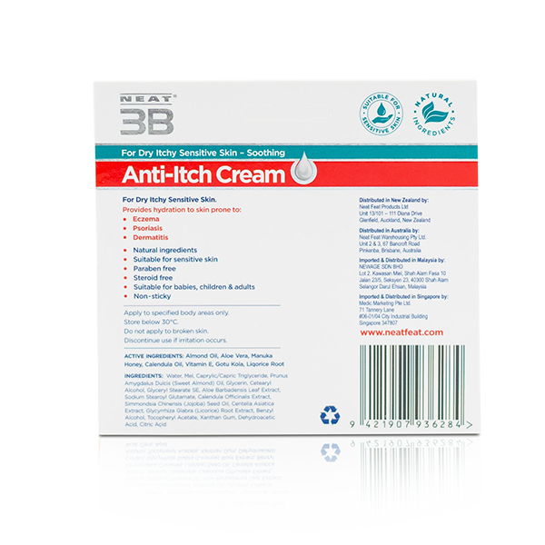 Back of the box for Neat 3B Anti-Itch Cream, featuring detailed product information, usage instructions, safety precautions, ingredients, and a barcode. The design is clean with clear, concise text