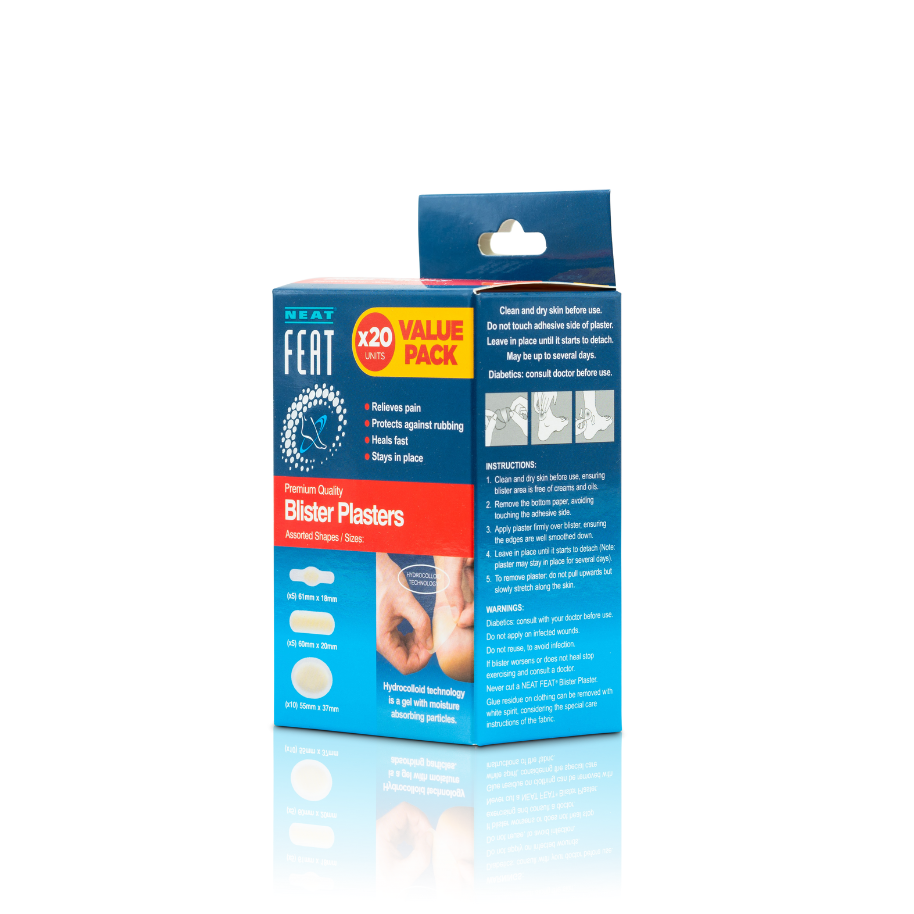 Neat Feats Blister Plasters Value Pack x20, featuring a mostly blue box with white font. The packaging highlights pain relief, protection against rubbing, and fast wound healing, with clear branding and a simple, clean design.