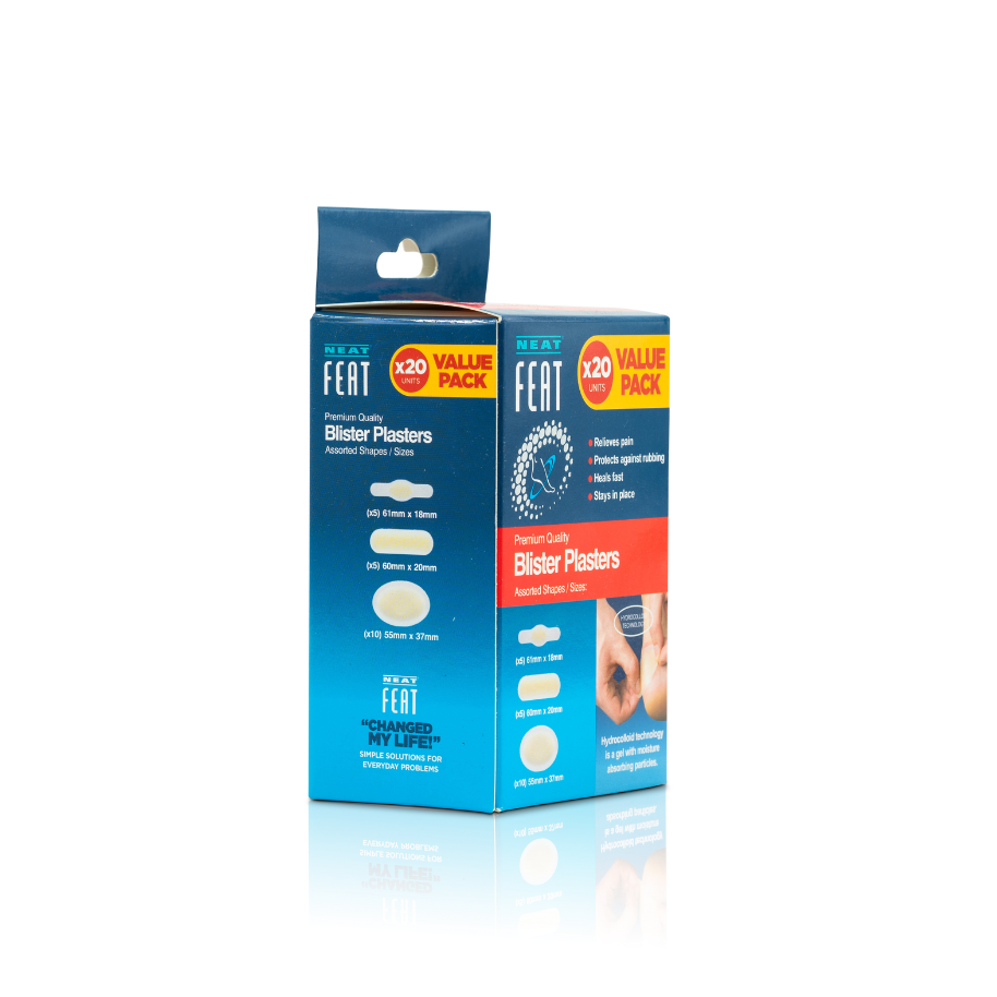 Neat Feats Blister Plasters Value Pack x20, featuring a mostly blue box with white font. The packaging highlights pain relief, protection against rubbing, and fast wound healing, with clear branding and a simple, clean design.