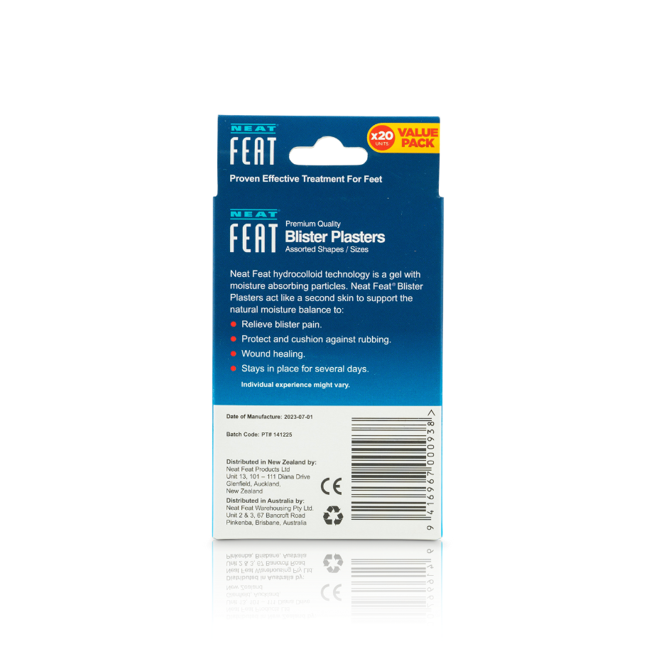Back of the Neat Feats Blister Plasters Value Pack x20 box, showing product details, instructions, safety info, and a barcode. The design features a blue and white colour scheme.