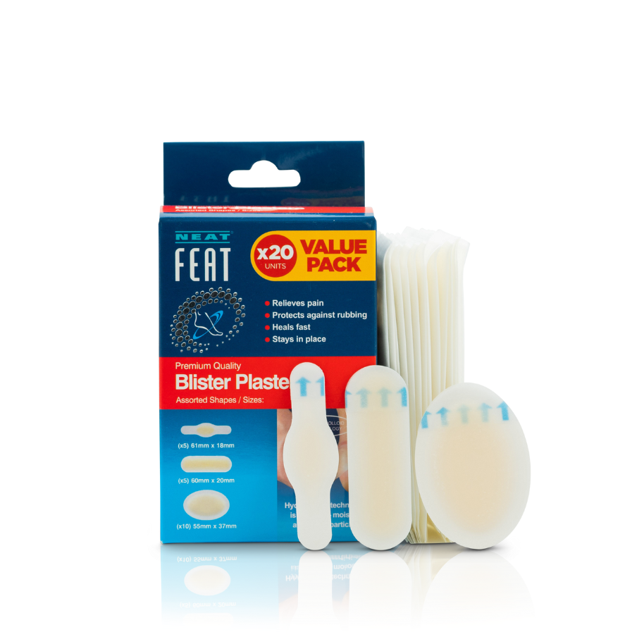 Blister Plasters Value Pack x20 box for pain relief, protection against rubbing, and fast wound healing, shown alongside example plasters to the side.