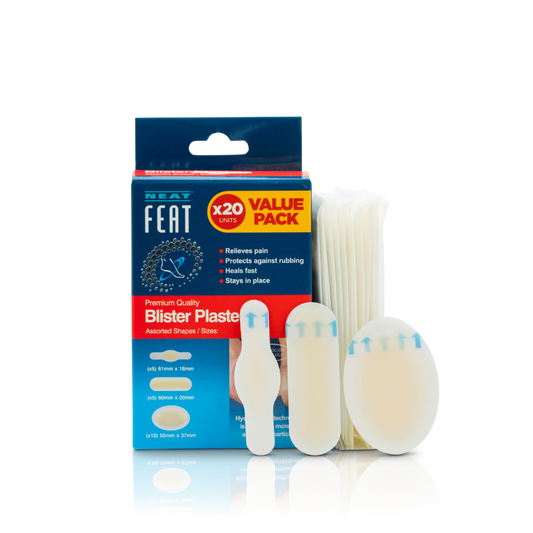 Blister Plasters Value Pack x20 box for pain relief, protection against rubbing, and fast wound healing, shown alongside example plasters to the side.
