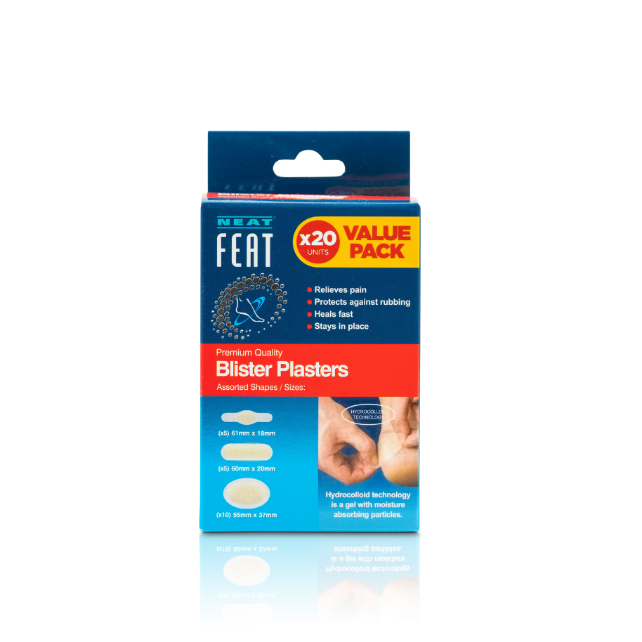 Neat Feats Blister Plasters Value Pack x20, featuring a mostly blue box with white font. The packaging highlights pain relief, protection against rubbing, and fast wound healing, with clear branding and a simple, clean design.