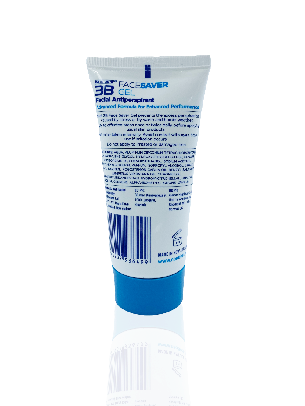 Back of tube of FaceSaver facial antiperspirant on a white background