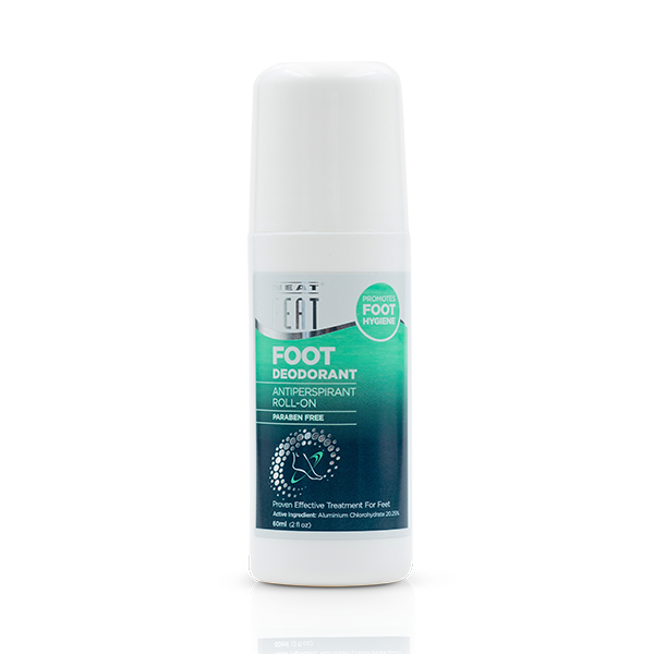 Neat Feat Roll-On Foot Deodorant in a white bottle with a green label and a white cap.