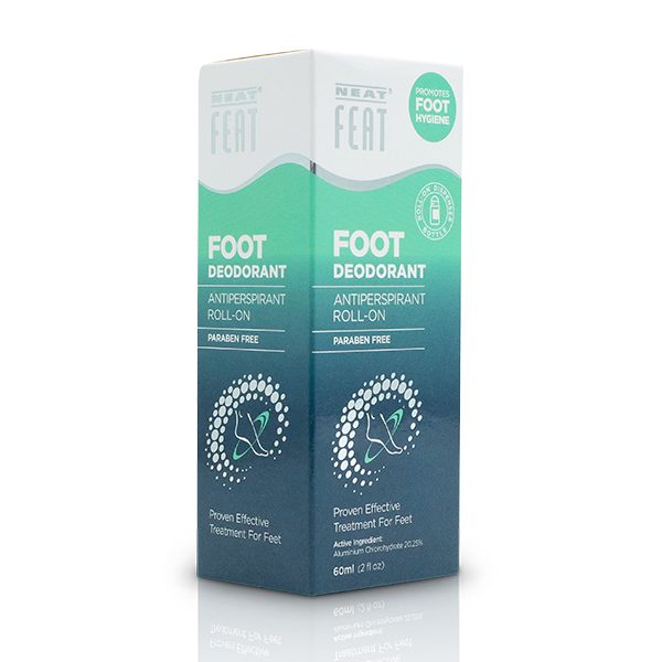 Neat Feat Roll-On Foot Deodorant box in green, blue, and white, displayed at a slight angle to showcase product branding and details.