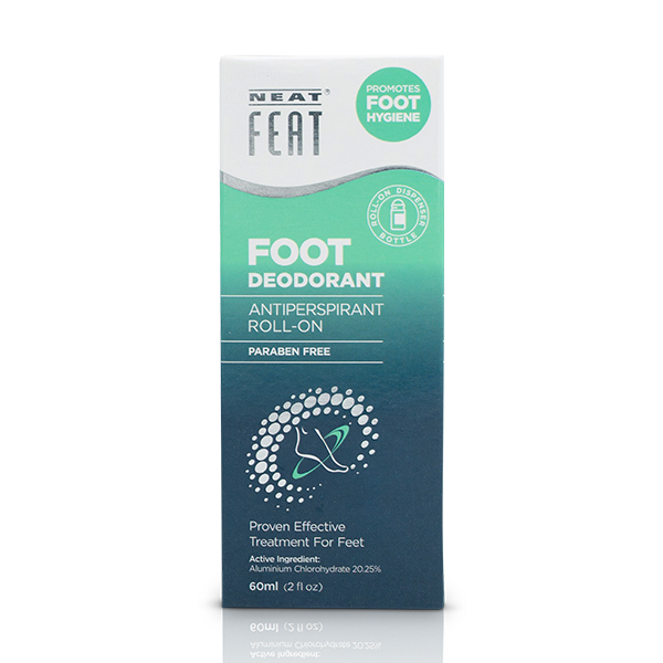 Neat Feat Roll-On Foot Deodorant box in green, blue, and white, displaying product branding and details.