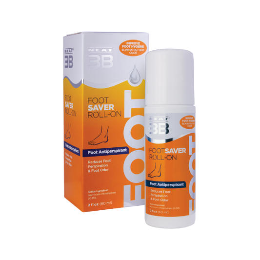 Neat 3B Foot Saver Roll-On Antiperspirant Deodorant box and bottle, featuring a white cap and an orange background, designed for foot odour protection and freshness.