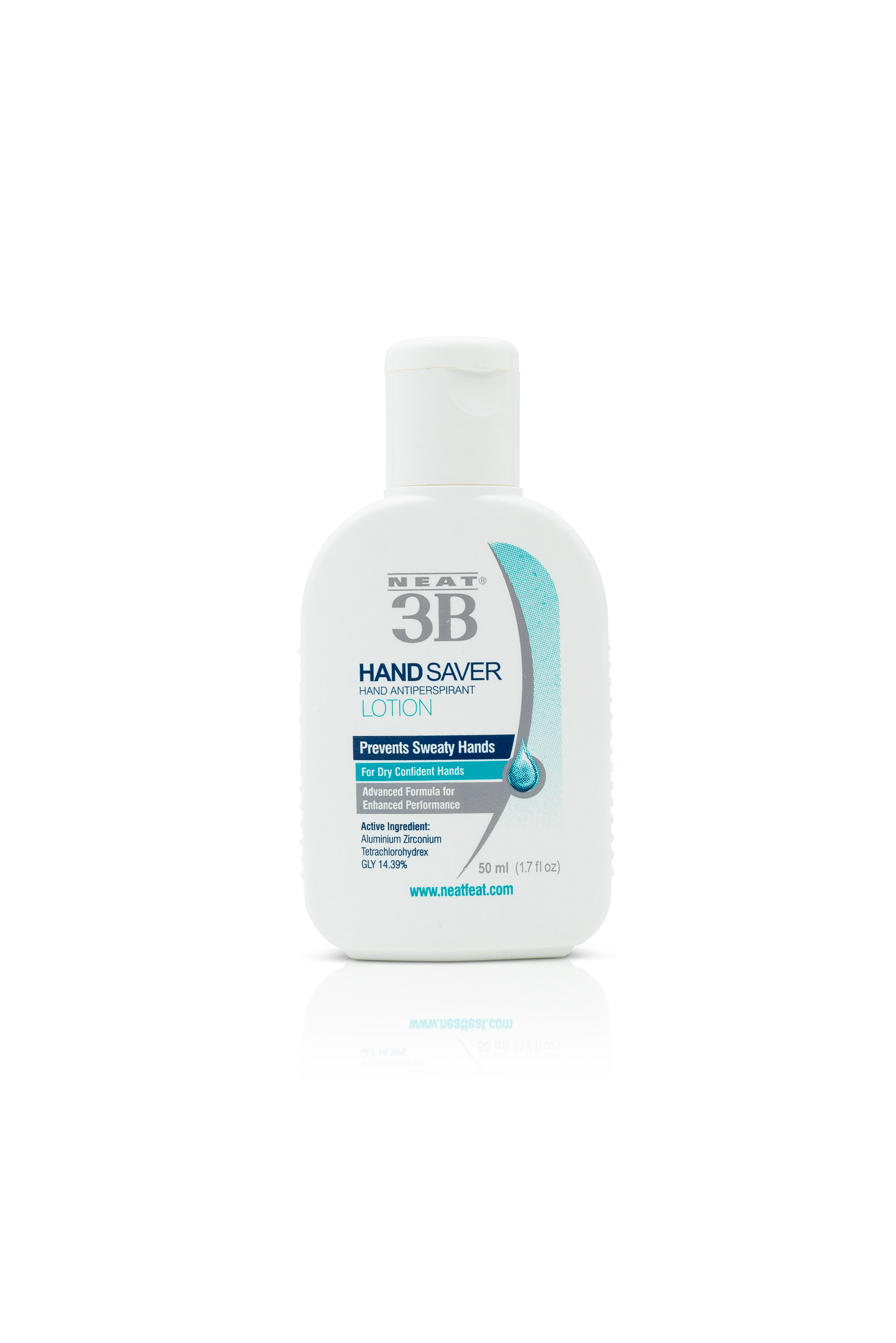 Neat 3B Hand Saver Lotion For Hand Sweat, in a mostly white tube. The design highlights its effectiveness in reducing hand sweat, with clear product information and a simple, easy-to-read layout.