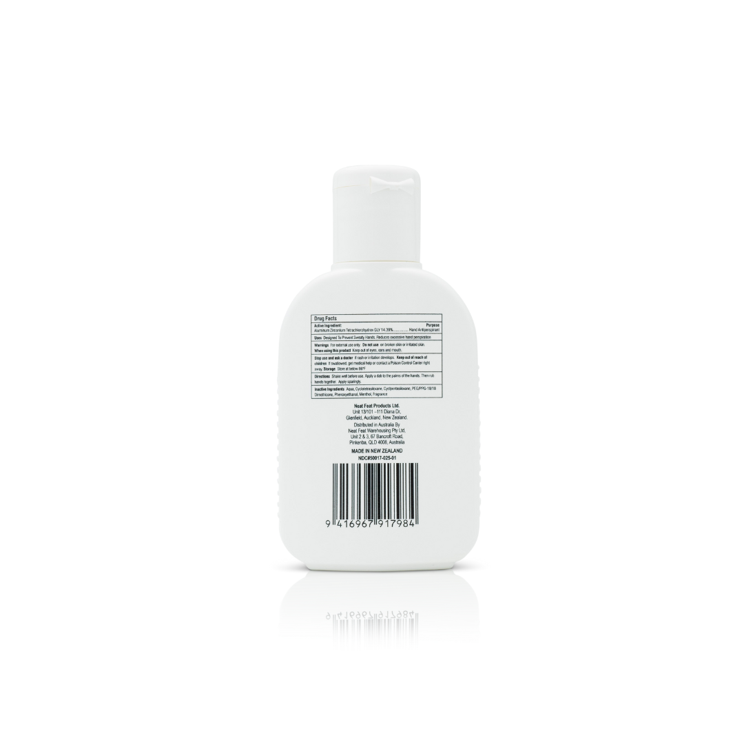 Back of the Neat 3B Hand Saver Lotion For Hand Sweat tube, mostly white with clear product information, usage instructions, and safety details. The design is simple and easy to read, with a clean layout.
