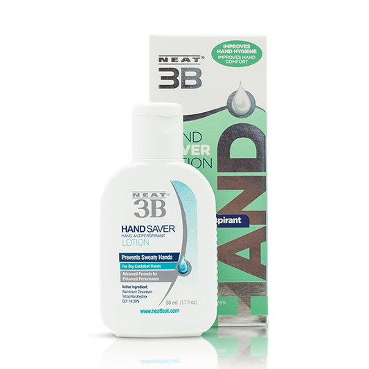 Neat 3B Hand Saver Lotion For Hand Sweat, shown in both the box and tube. The packaging highlights its effectiveness in reducing hand sweat, with clear product information and a simple, easy-to-read design.