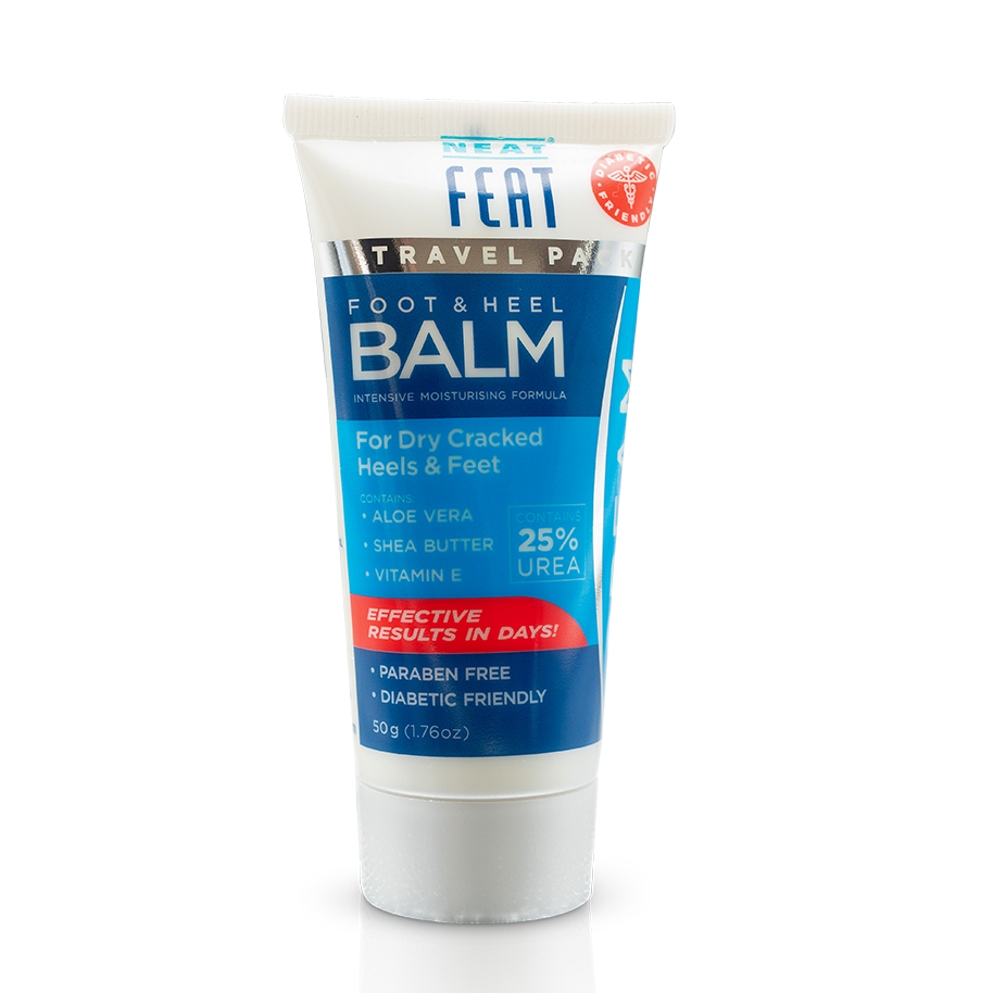 Neat Feat Foot & Heel Balm Travel Pack 50g, white tube with blue label and white cap, designed for moisturising and repairing dry, cracked feet.