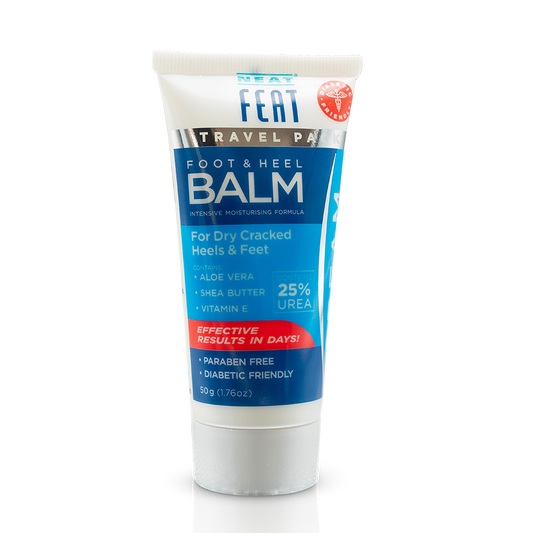 Neat Feat Foot & Heel Balm Travel Pack 50g, white tube with blue label and white cap, designed for moisturising and repairing dry, cracked feet.