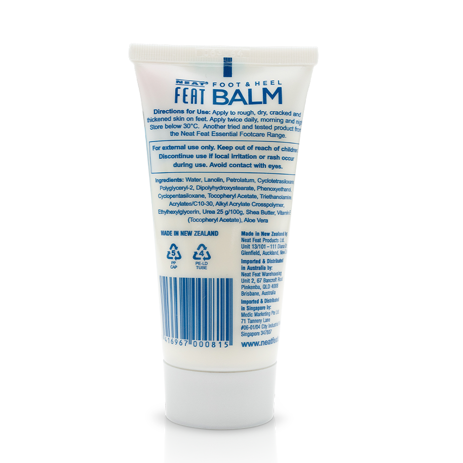 Back of Neat Feat Foot & Heel Balm Travel Pack 50g tube, featuring product information, usage instructions, and a white cap with a blue label.