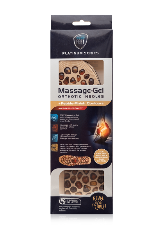Packaging for Platinum Series Massage-Gel Orthotic Insoles by Royalty Free, featuring product information and an image of the insoles.