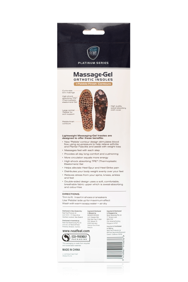 Back of Packaging for Massage-Gel Insoles. Mostly white with black text with instructions and product details.