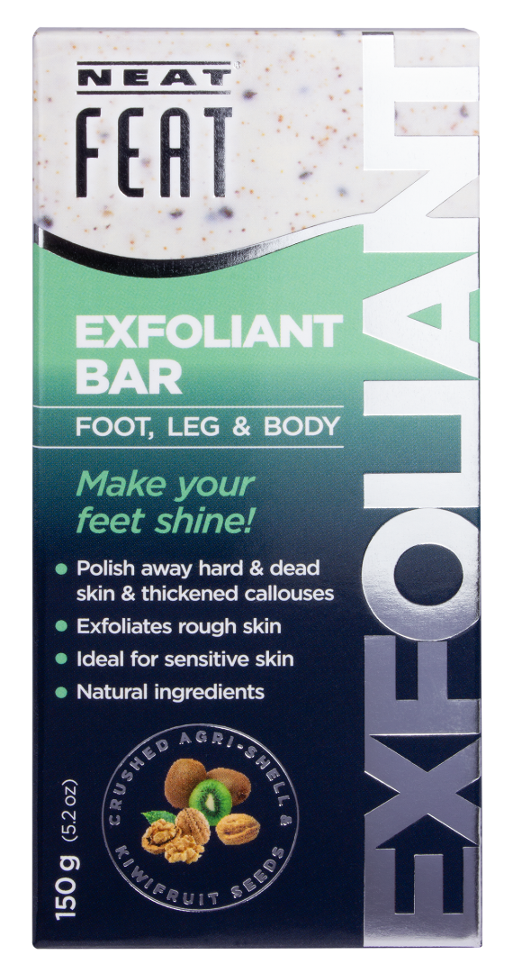 Exfoliant bar packaging with branding and product details.