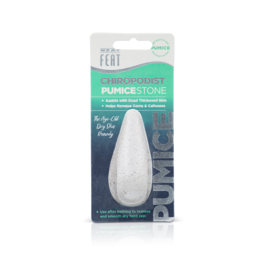 Neat Feat Foot Pumice Stone Foot Scrub, displayed standing up with green, white, and blue packaging. The clear plastic cover reveals the full pumice stone.