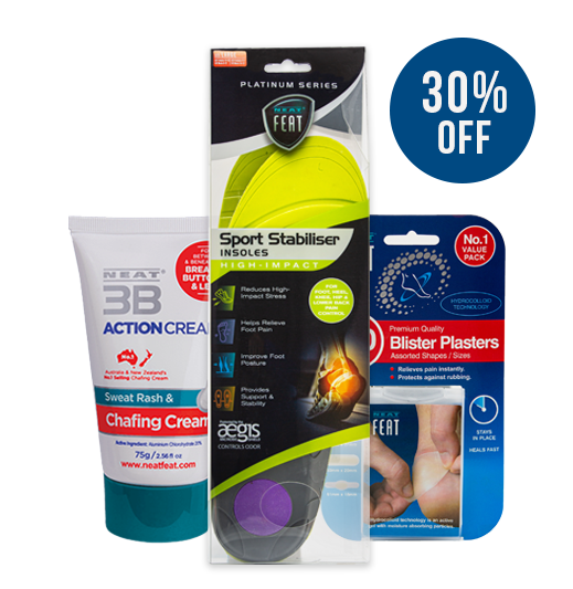 The image displays three products included in the Runner's Essentials Bundle: a pair of sport stabilizer insoles, anti-chafing cream, and blister plasters. The insoles are packaged in a yellow/green and black/white box, the cream in a blue and white tube, and the plasters in a blue and white box.