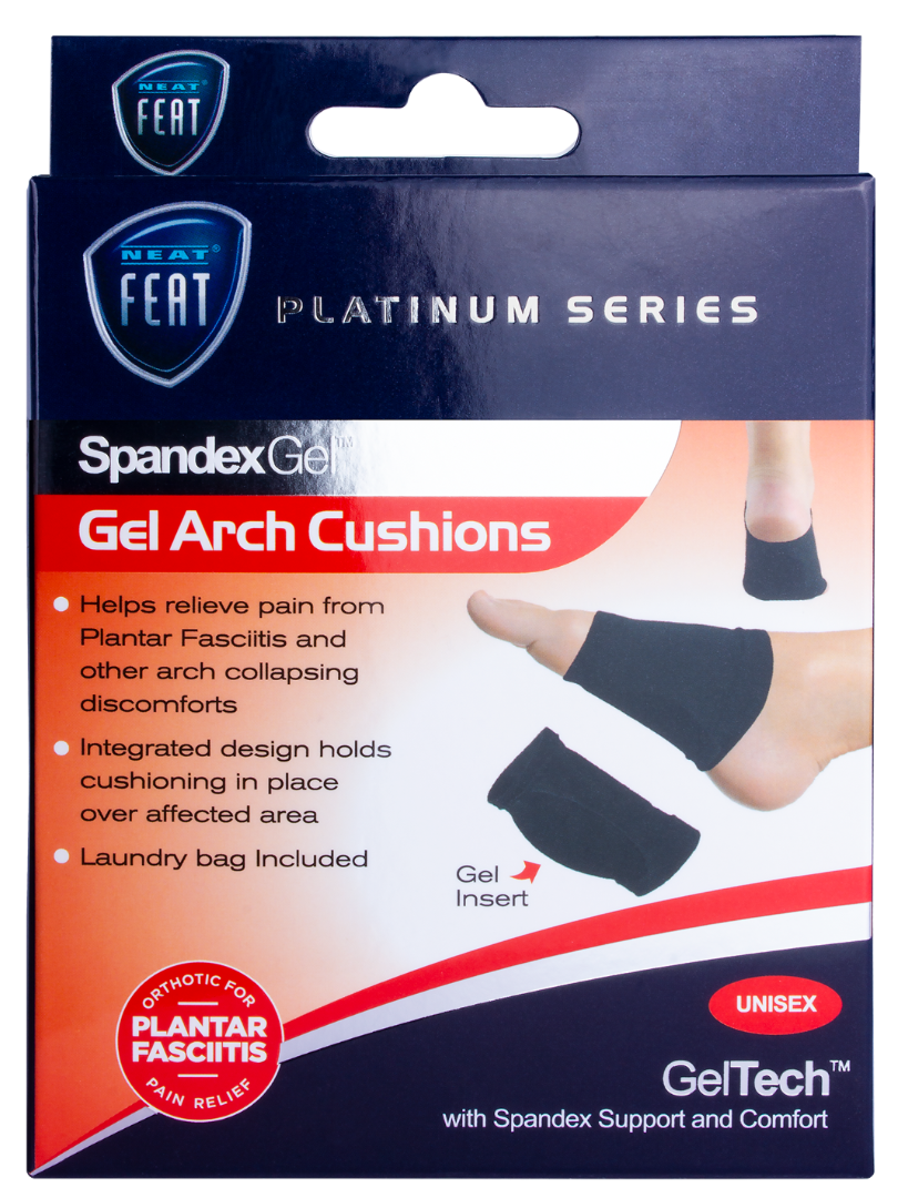 Packaging of Spandex Gel Arch Cushions with GelTech branding on a clear background