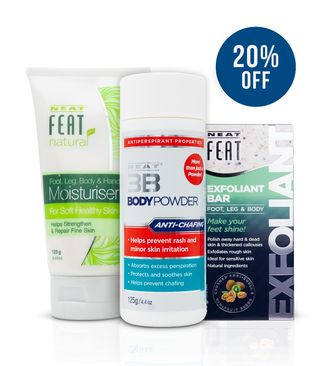 Three skincare products with labels and a '20% Off' badge on a white background