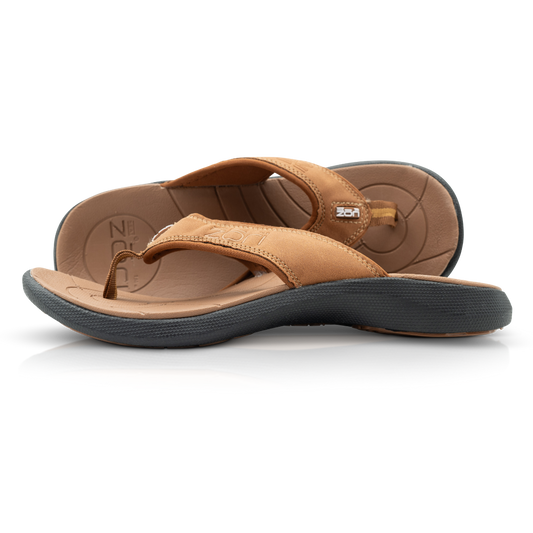 Neat Zori Cognac/Black Orthotic Sandals, one lying flat and the other on its side showing the top view, featuring a black underside, brown top, and straps.