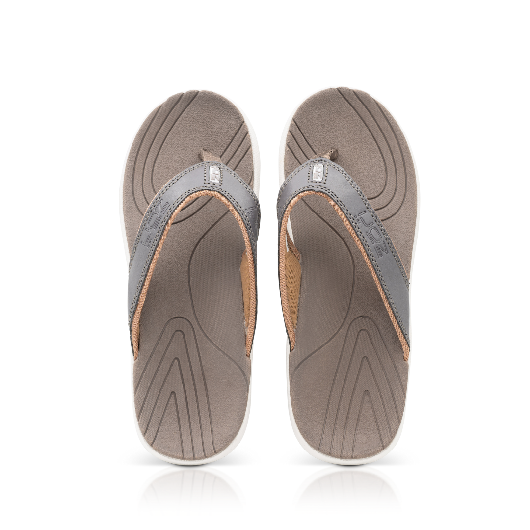 Neat Zori Pewter Slimline Orthotic Thong sandals, top view with both sandals displayed side by side.