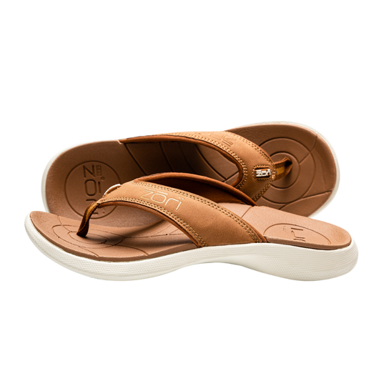 Neat Zori Sahara Slimline Orthotic Sandals in a side view, with one lying flat and the other tilted to reveal the brown top, brown straps, and white underside.