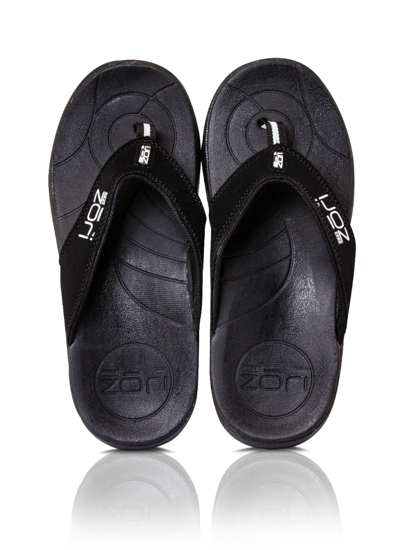 Neat Zori Black Orthotic Thong/Sandal, top view with both sandals displayed side by side, mostly black with white Neat Zori logo.