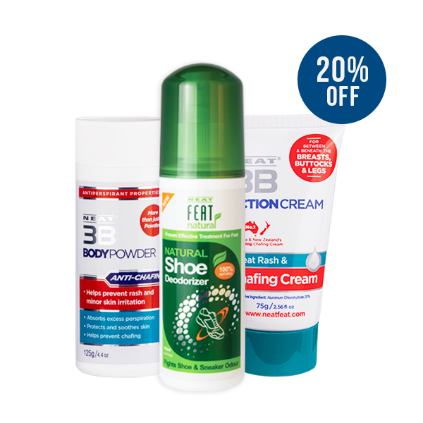 A collection of personal care products including a bottle of Neat Feat Natural Shoe Deodorizer, a tube of Neat 3B Body Powder, and a tube of Neat 3B Action Cream, all with promotional tags 20% OFF.