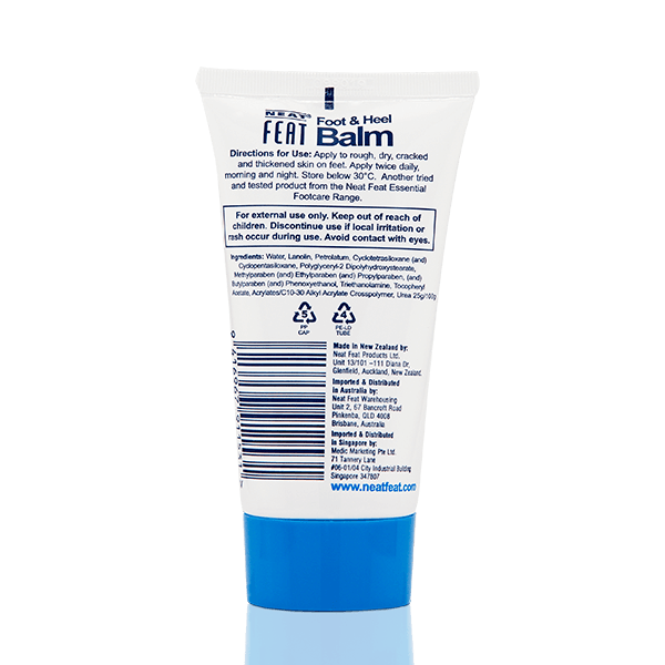 Back of the Heel Balm 75g tube, mostly white with a navy blue lid. The design includes product information, usage instructions, safety details, and a barcode, all in a clear, easy-to-read layout.