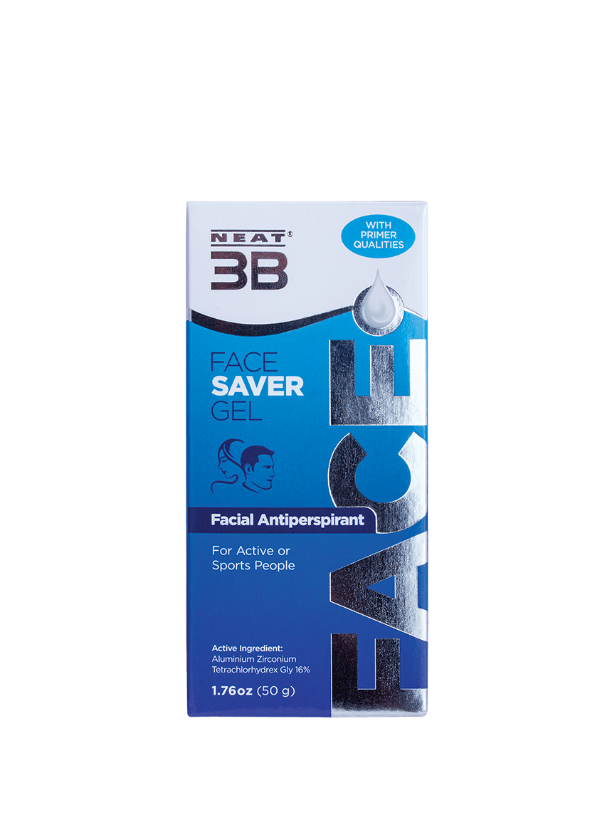 Box of Neat 3B Face Saver Gel for facial sweating, mostrando información clara sobre el producto y sus beneficios para controlar la sudoración en la cara. The design is clean, simple, and easy to read.