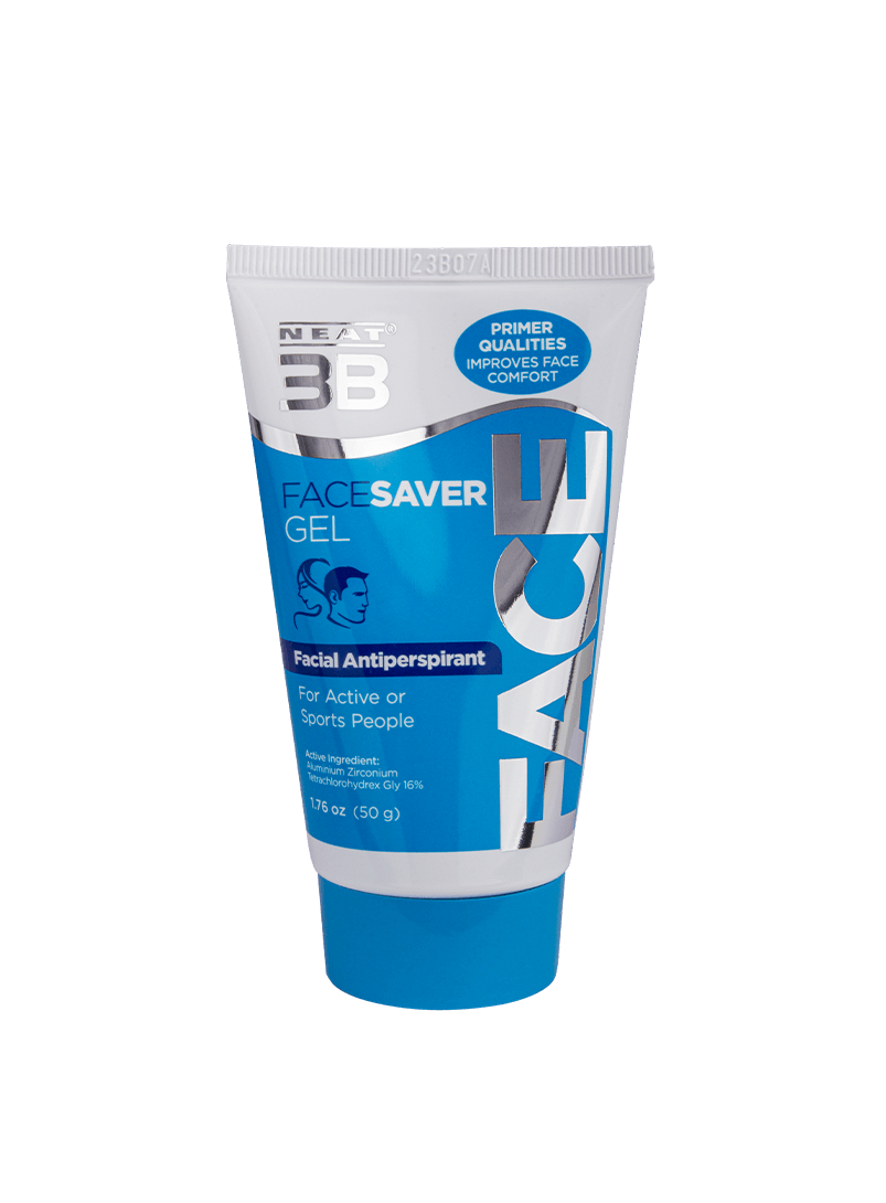 Tube of Neat 3B Face Saver Gel for facial sweating, con un diseño compacto y fácil de usar. The packaging highlights its effectiveness in controlling facial sweating, with clear information and a simple design.