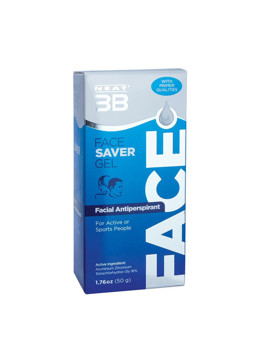 Box of Neat 3B Face Saver Gel for facial sweating, mostrando información clara sobre el producto y sus beneficios para controlar la sudoración en la cara. The design is clean, simple, and easy to read.
