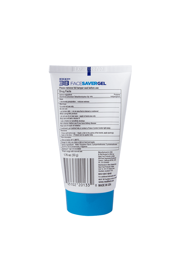 Back of the Neat 3B Face Saver Gel tube for facial sweating, con información sobre el producto, instrucciones de uso y detalles de seguridad. The design is clear and easy to read, with a simple background.
