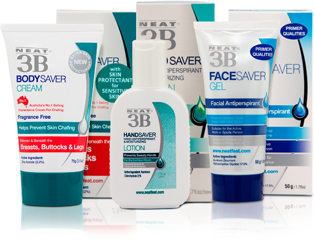 3B Range - 3 Products. Tubes standing in front of packaging. From left to right. Bodysaver, Handsaver and Facesaver. Clear background