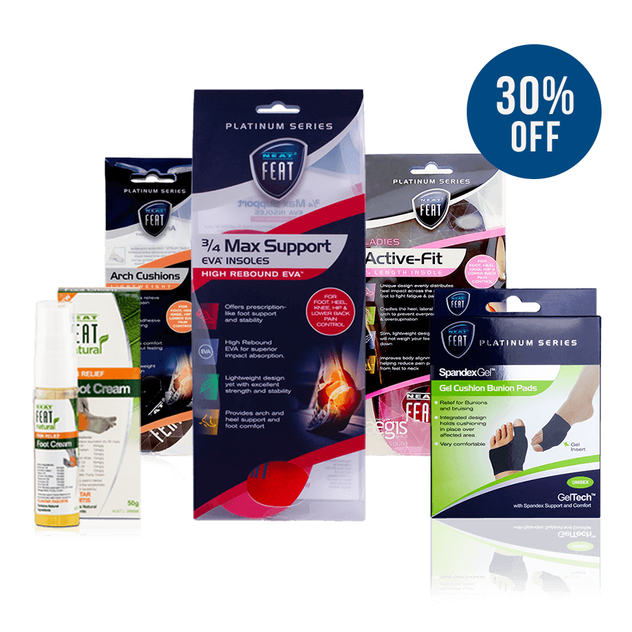 Neat Feat Plantar Fasciitis Bundle, featuring the products neatly arranged with a circle blue 30% off image in the top right corner, highlighting the discount offer.