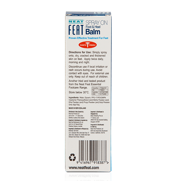 Back of the Spray On Foot and Heel Balm box, featuring product information, usage instructions, safety precautions, ingredients, and a barcode. The design is clear and easy to read, with concise text on a simple background.