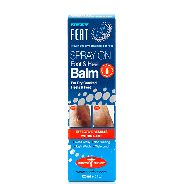 Box of Spray On Foot and Heel Balm, featuring a before-and-after image. The packaging highlights its moisturising and soothing benefits for feet and heels, with clear product information and a clean, simple design.