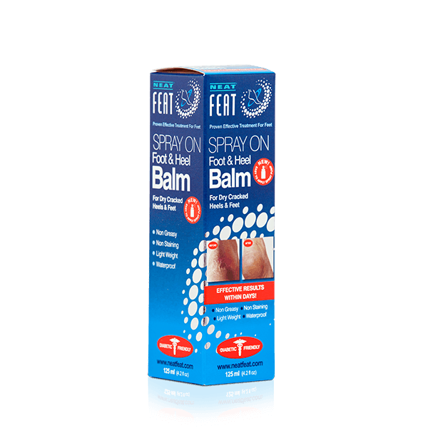 Box of Spray On Foot and Heel Balm, featuring a before-and-after image. The packaging highlights its moisturising and soothing benefits for feet and heels, with clear product information and a clean, simple design.